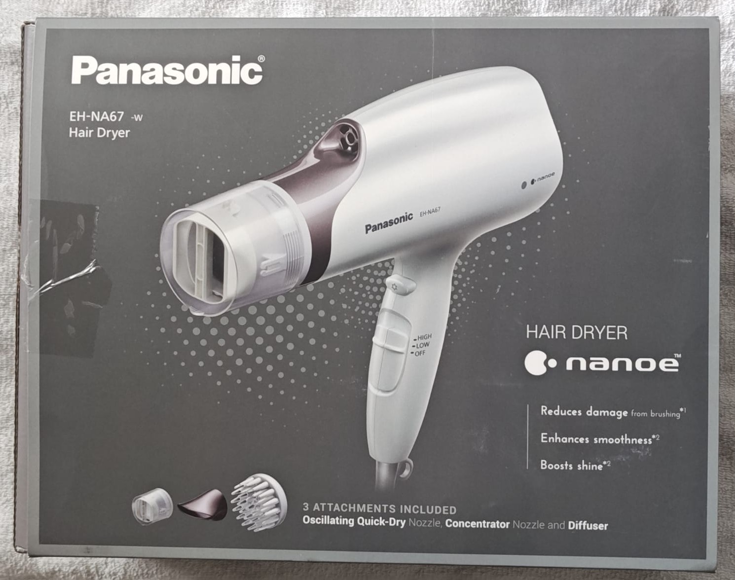 Panasonic Nanoe Salon Hair Dryer with Oscillating QuickDry Nozzle, Diffuser and Concentrator Attachments, 3 Speed Heat Settings for Easy Styling and Healthy Hair - EH-NA67-W (White)